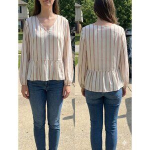 Nine West XL Peplum Top Ivory Burnt Orange Vertical Stripe V-Neck Long Sleeve